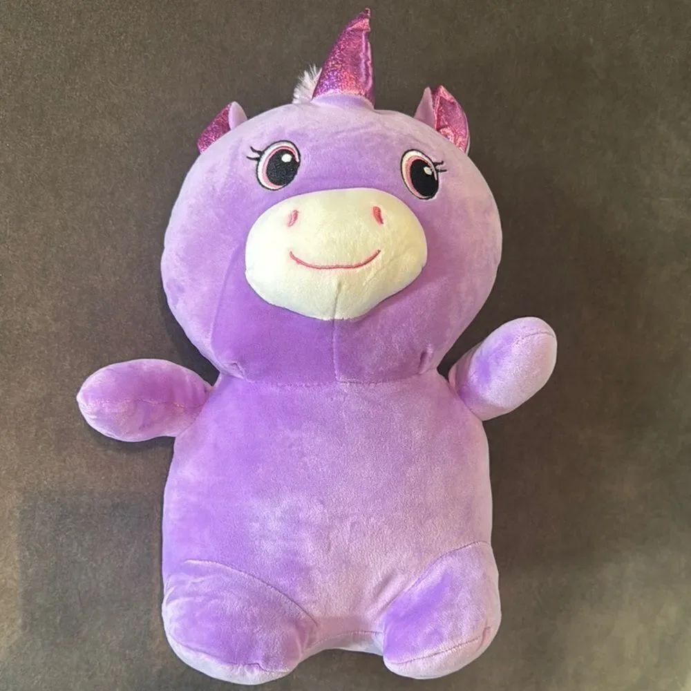 Purple Unicorn Plush Squish Stuffed Animal 16” Shiny Pink Horn Ears Super Soft